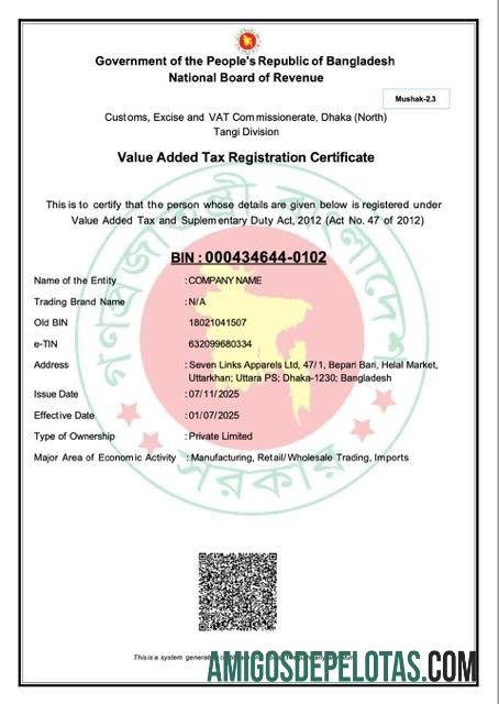 Certificado de registro de imposto sobre valor agregado de Bangladesh para download, modelo Word e PDF